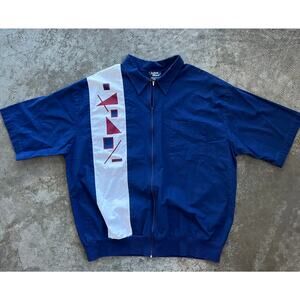 Vintage John Blair Navy Blue Full Zip Short Sleeve Shirt XL Made in USA Retro